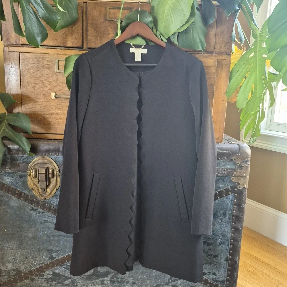 H&M Black Scallop Edged Open Front Longline Jacket size 12 Long Sleeve Cardigan
